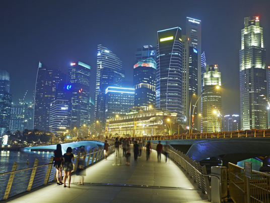 Skyline at night, Singapore's financial district and Marina Bay